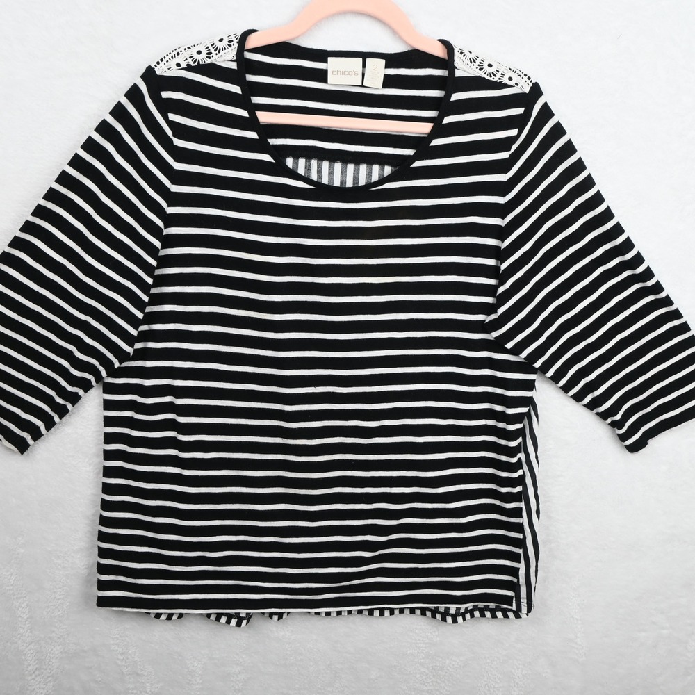 Chico's Top Womens L/12 Black White Striped 3/4 Sleeve Crochet Detail Cotton